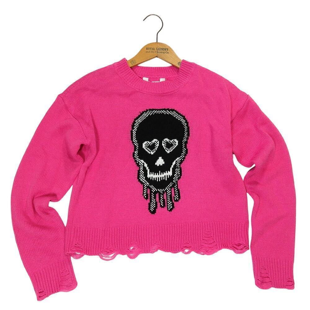 Vintage Y2K No Boundaries Skull Sweater Size S Pink Mall Goth Cropped 2000s